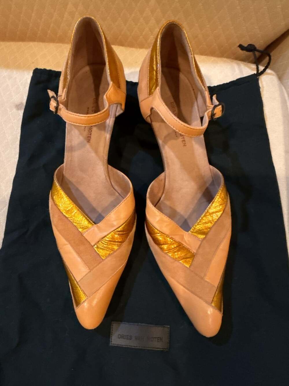 Dries Van Noten Tan and Gold Leather Suede Mary Jane Kitten Heels EU 36.5